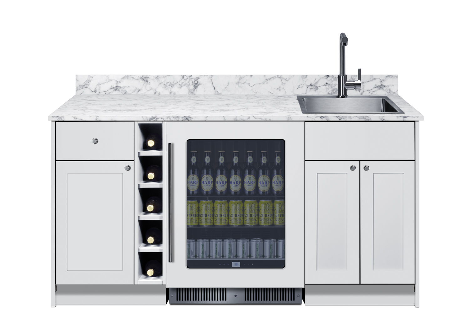 Turnkey Oasis Wet Bar featuring pre-assembled cabinetry and countertop with stainless steel sink, glass door beverage center, wine cubby, and storage cabinetry; ships in two boxes on one pallet